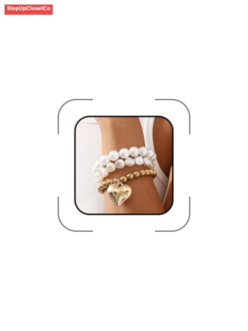 Stackable Gold Heart Pearl Bracelets Set Women Chunky Baroque Stretch Beaded